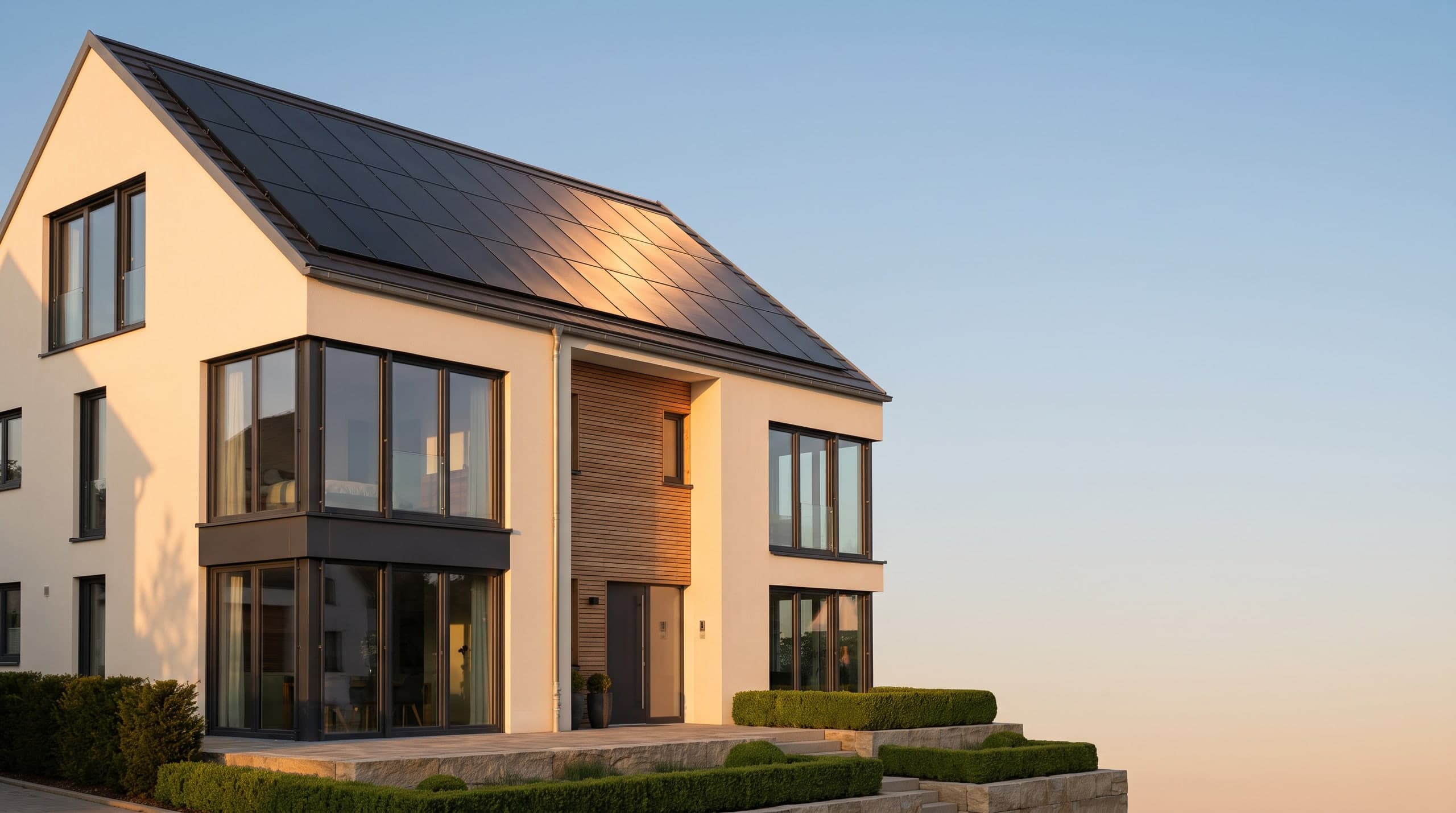Modernes Einfamilienhaus mit Solaranlage im Abendlicht